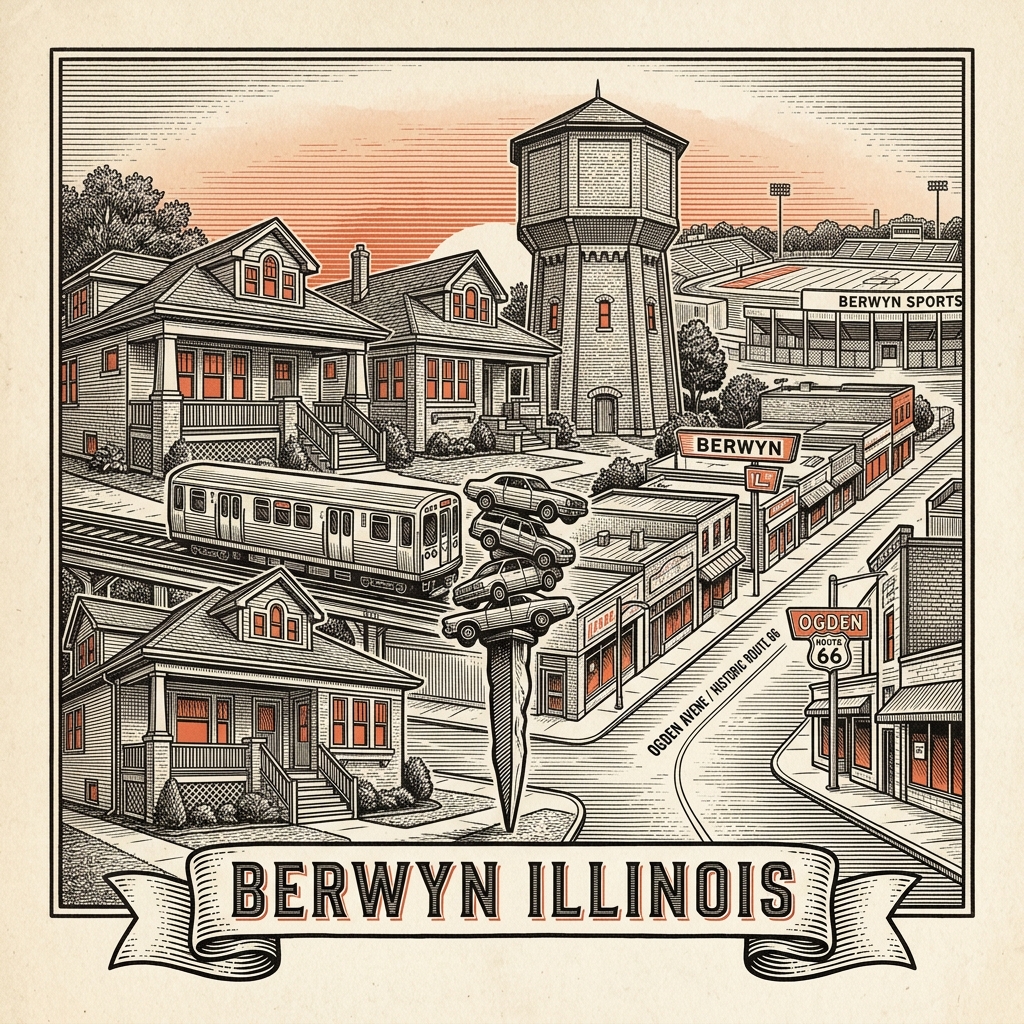Engraved Berwyn IL city illustration – Official Translations certified translation services from $29.95 per page
