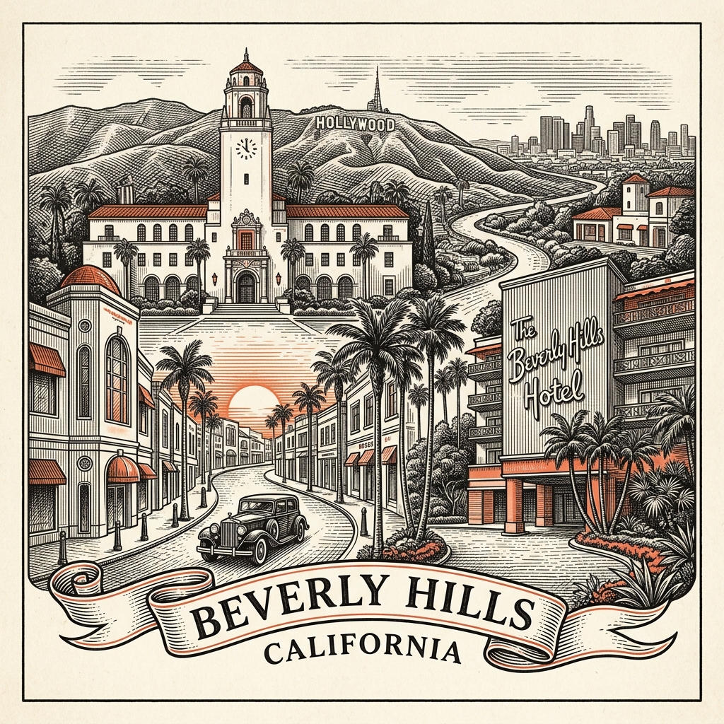 Engraved Beverly Hills CA city illustration – Official Translations certified translation services from $29.95 per page