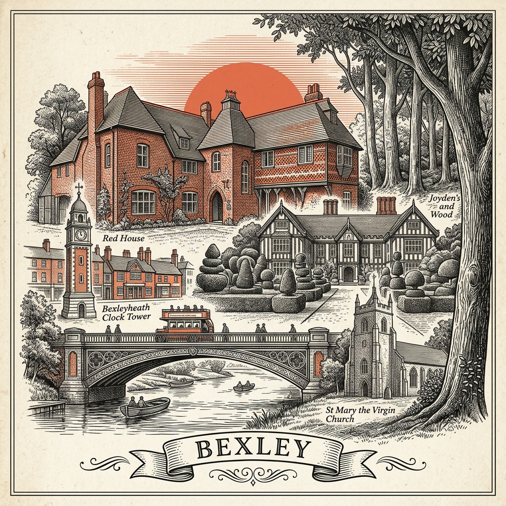 Engraved Bexley England city illustration – Hall Place Tudor manor, Danson House, Crossness Pumping Station, Lesnes Abbey ruins, Bexleyheath Clocktower – Official Translations certified translation services from £29.95 per page