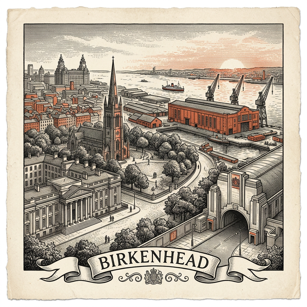 Engraved Birkenhead England city illustration – Hamilton Square Georgian terraces, Birkenhead Priory ruins, Cammell Laird shipyard cranes, Mersey Ferry terminal, Birkenhead Park – Official Translations certified translation services from £29.95 per page