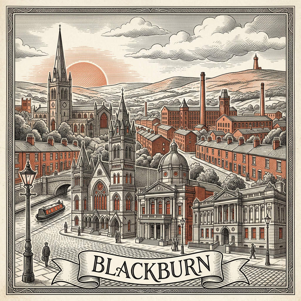 Engraved Blackburn England city illustration – Blackburn Cathedral, King George's Hall, Ewood Park, Cotton Exchange building, Corporation Park gates – Official Translations certified translation services from £29.95 per page