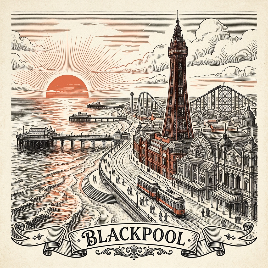 Engraved Blackpool England city illustration – Blackpool Tower, Pleasure Beach roller coasters, Central Pier Ferris wheel, Winter Gardens, Comedy Carpet – Official Translations certified translation services from £29.95 per page