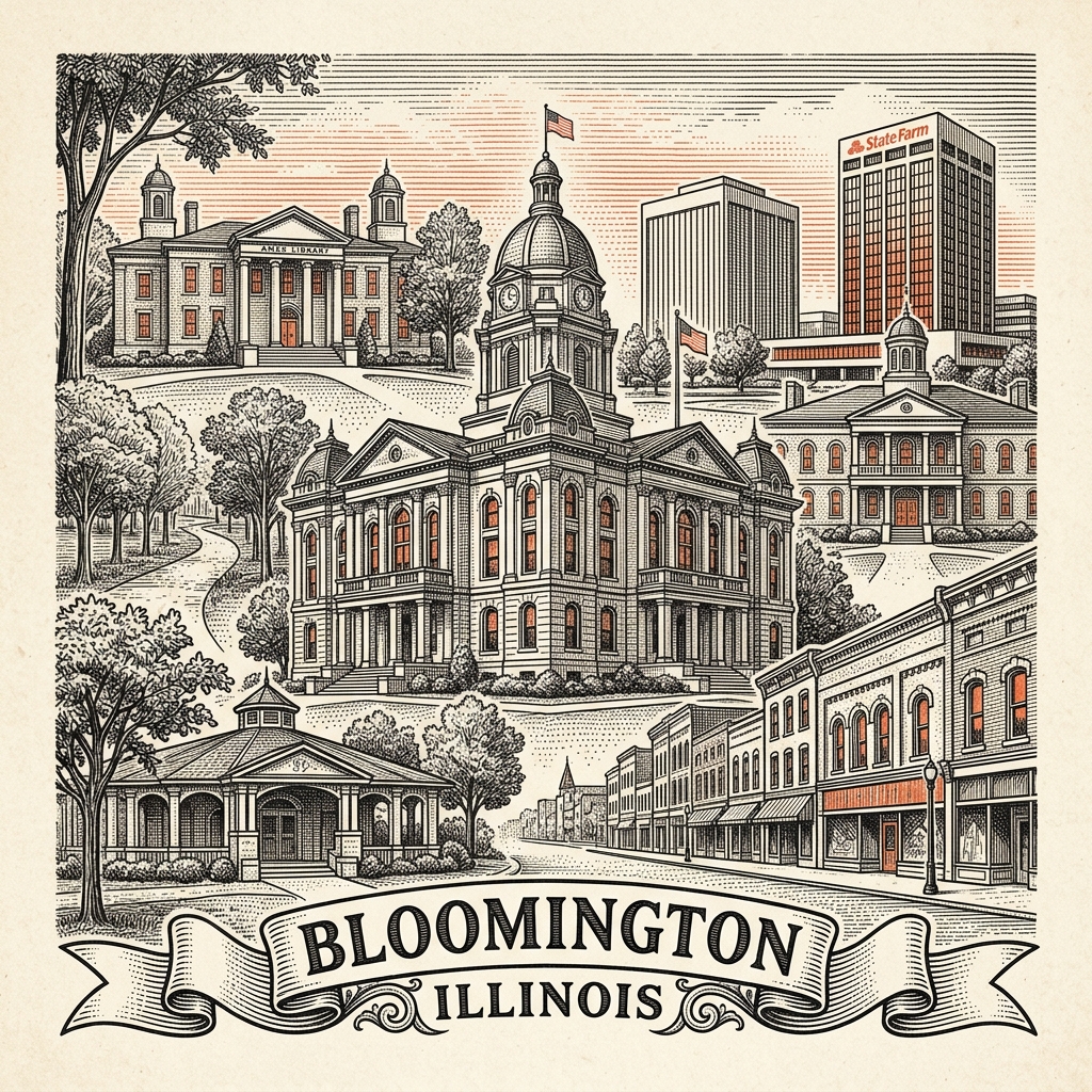Engraved Bloomington IL city illustration – Official Translations certified translation services from $29.95 per page