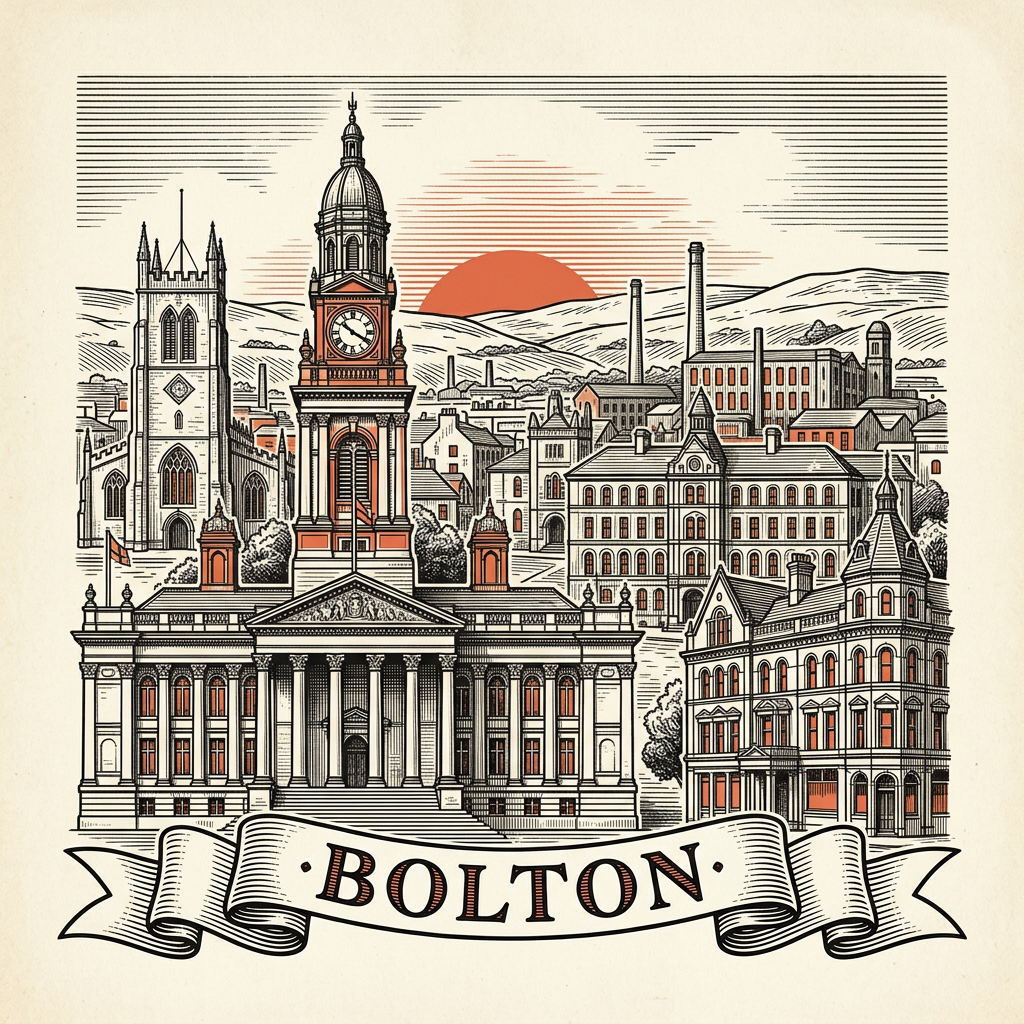 Engraved Bolton England city illustration – Bolton Town Hall portico, Le Mans Crescent, Reebok/Toughsheet Stadium, Smithills Hall, Hall i' th' Wood museum – Official Translations certified translation services from £29.95 per page