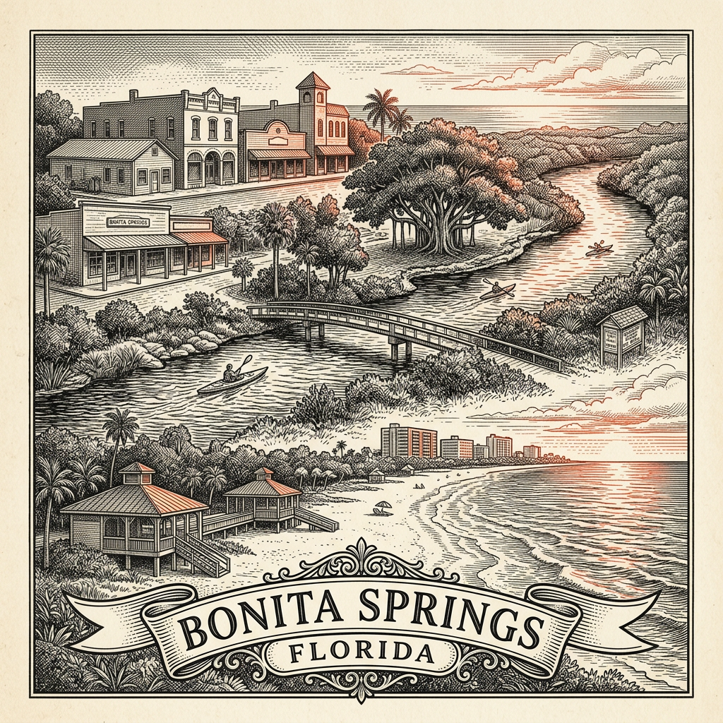 Engraved Bonita Springs FL city illustration – Official Translations certified translation services from $29.95 per page
