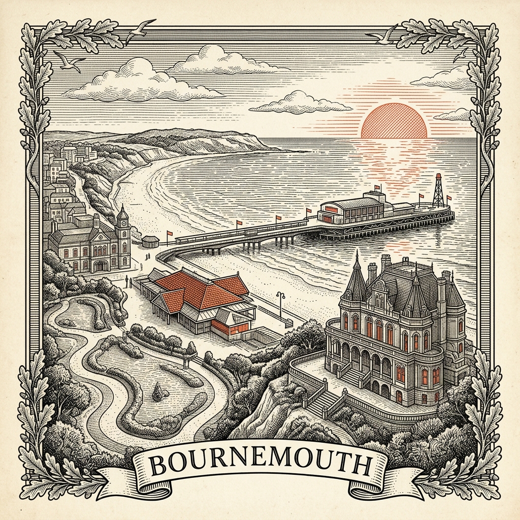 Engraved Bournemouth England city illustration – Bournemouth Pier, Russell-Cotes Museum, St Peter's Church spire, Sandbanks beach huts, the Lower Gardens bandstand – Official Translations certified translation services from £29.95 per page