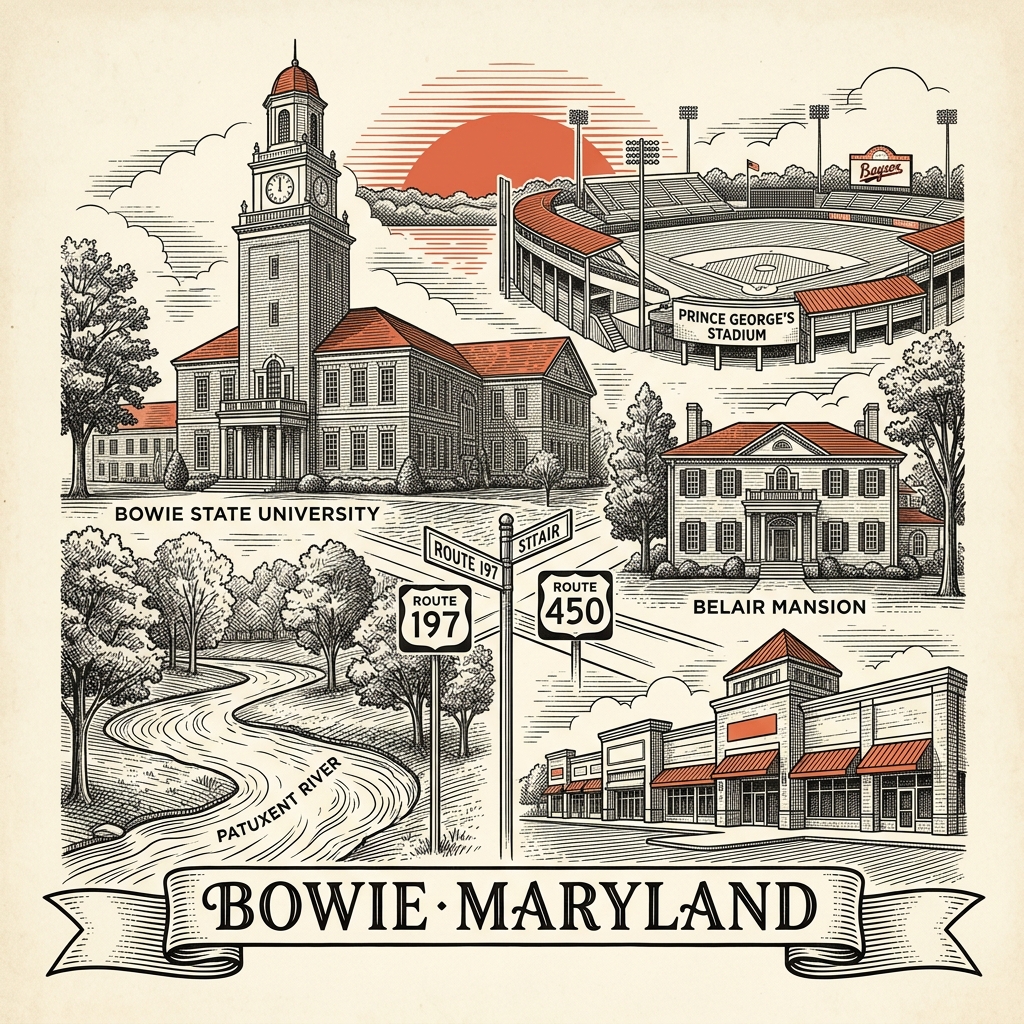 Engraved Bowie MD city illustration – Official Translations certified translation services from $29.95 per page