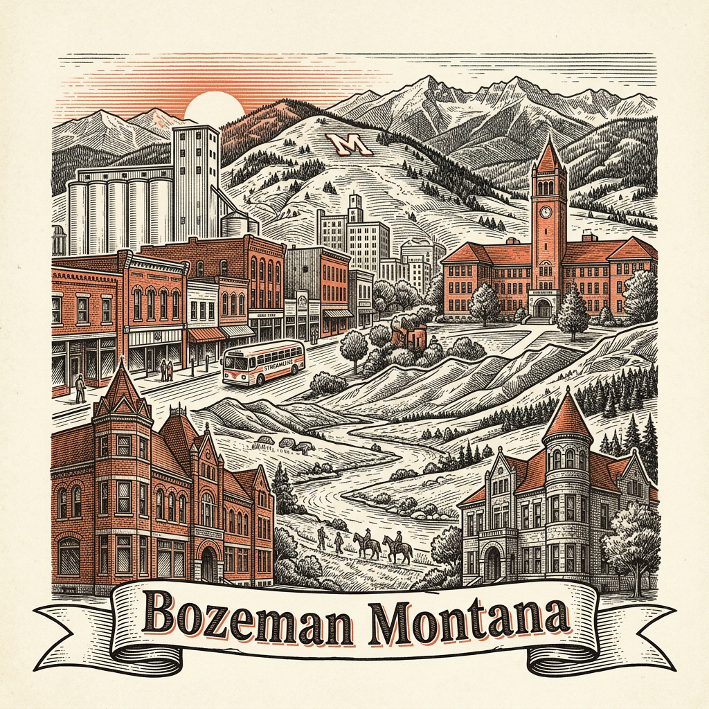 Engraved Bozeman MT city illustration – Official Translations certified translation services from $29.95 per page