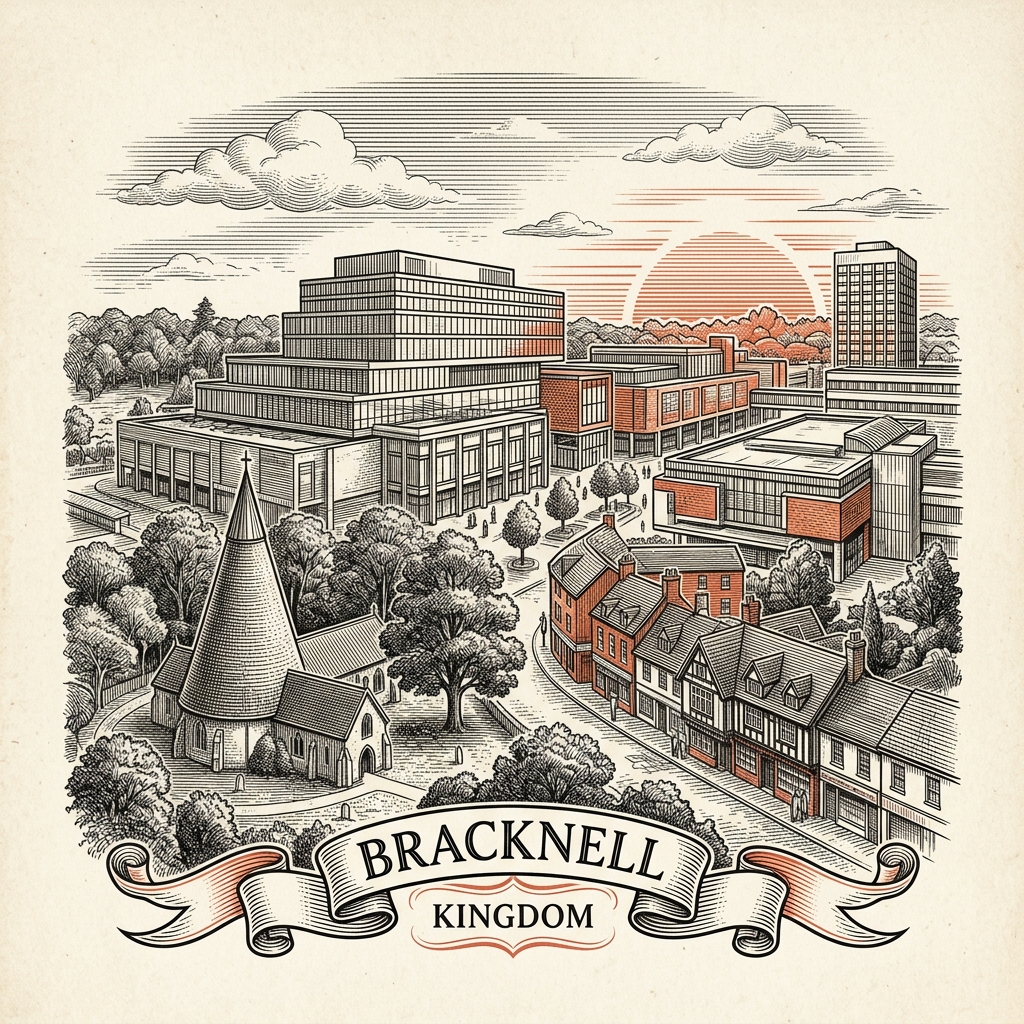 Engraved Bracknell England city illustration – The Lexicon shopping district, Bracknell Forest (Swinley Forest pines), Look Out Discovery Centre, Coral Reef Waterworld, South Hill Park arts centre – Official Translations certified translation services from £29.95 per page