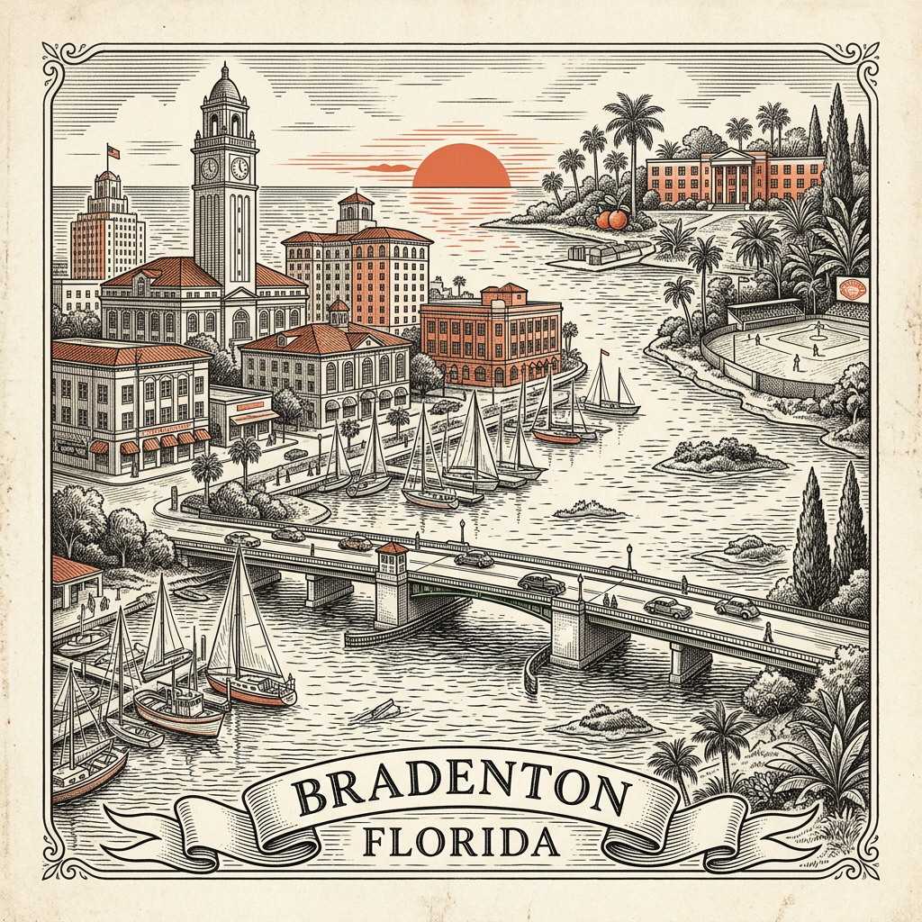 Engraved Bradenton FL city illustration – Official Translations certified translation services from $29.95 per page