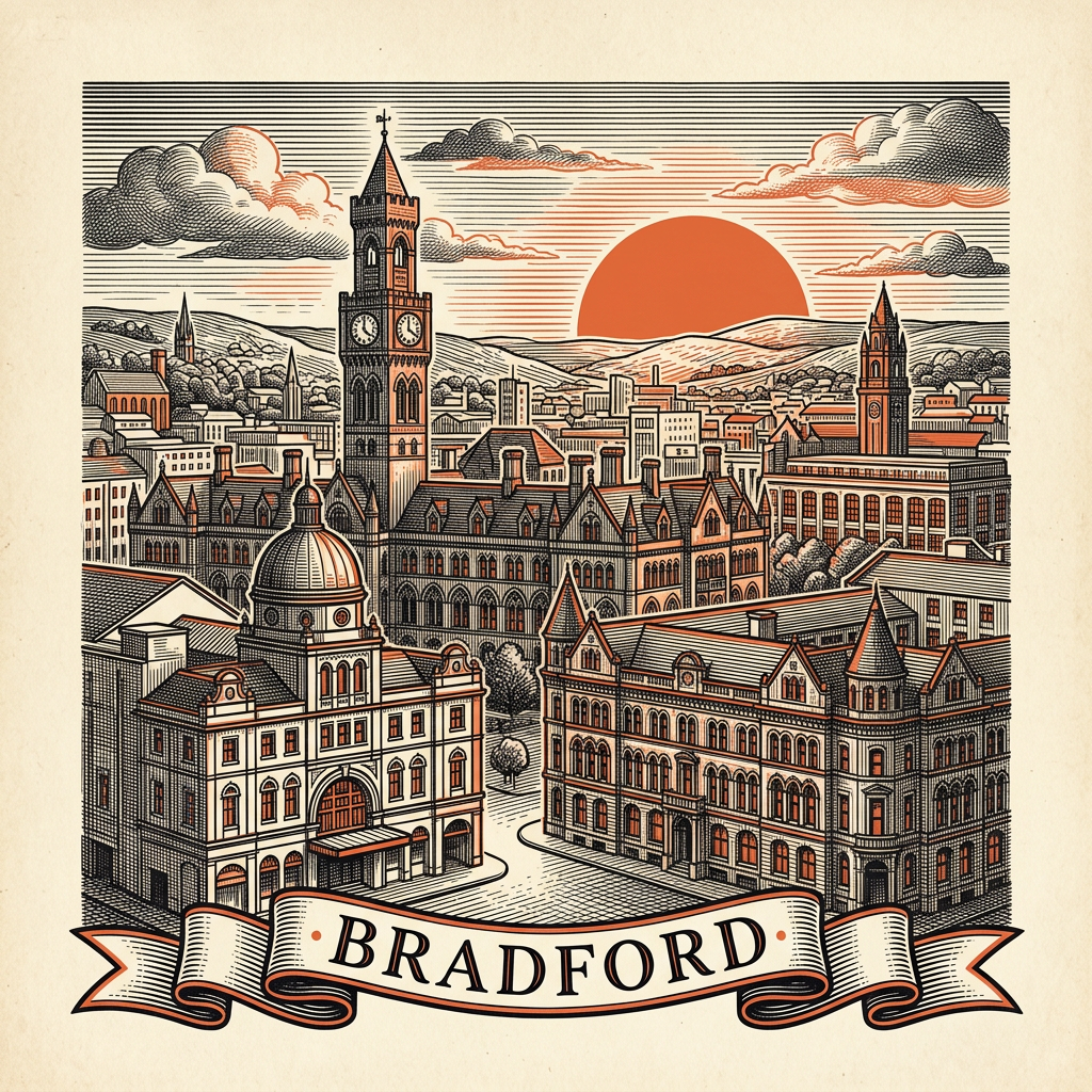 Engraved Bradford England city illustration – Bradford City Hall clock tower, Alhambra Theatre, National Science and Media Museum, Wool Exchange, Lister Mill chimney – Official Translations certified translation services from £29.95 per page