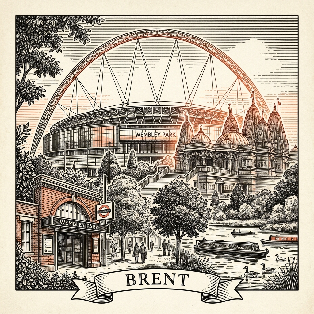 Engraved Brent England city illustration – Wembley Stadium arch, Wembley Arena, Neasden Hindu Mandir (BAPS Shri Swaminarayan), Kilburn State Building, Brent Civic Centre – Official Translations certified translation services from £29.95 per page