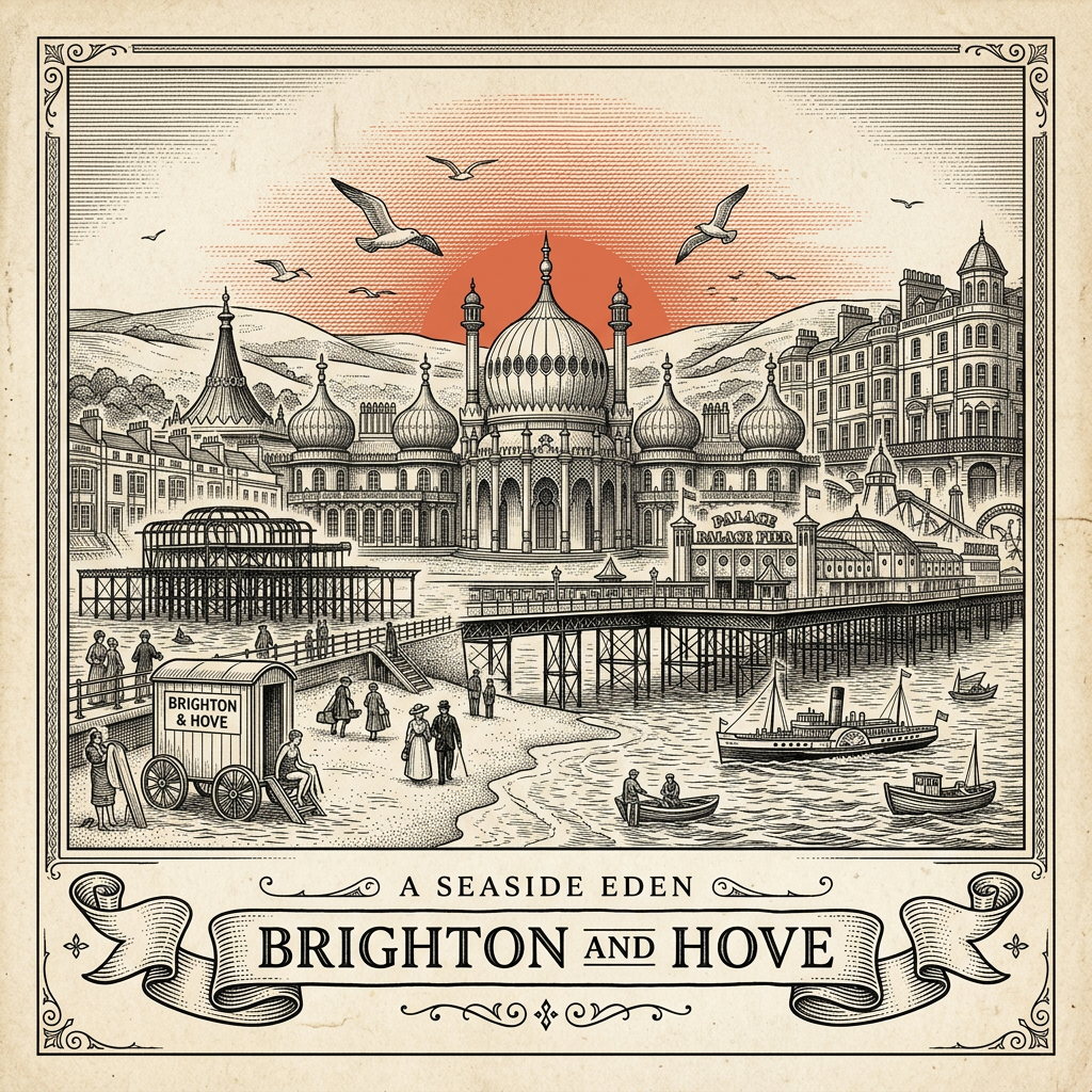 Engraved Brighton and Hove England city illustration – Royal Pavilion onion domes, Brighton Palace Pier, i360 viewing tower, West Pier ruins, Regency squares of Hove – Official Translations certified translation services from £29.95 per page