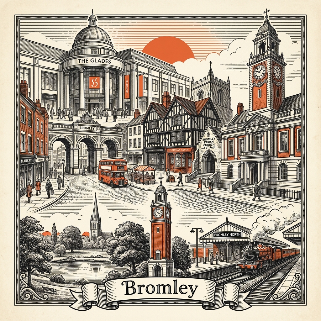 Engraved Bromley England city illustration – Crystal Palace transmitter, The Glades shopping centre, Bromley Parish Church, Biggin Hill airfield hangars, Down House (Darwin's home) – Official Translations certified translation services from £29.95 per page