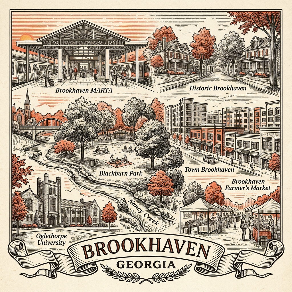 Engraved Brookhaven GA city illustration – Official Translations certified translation services from $29.95 per page