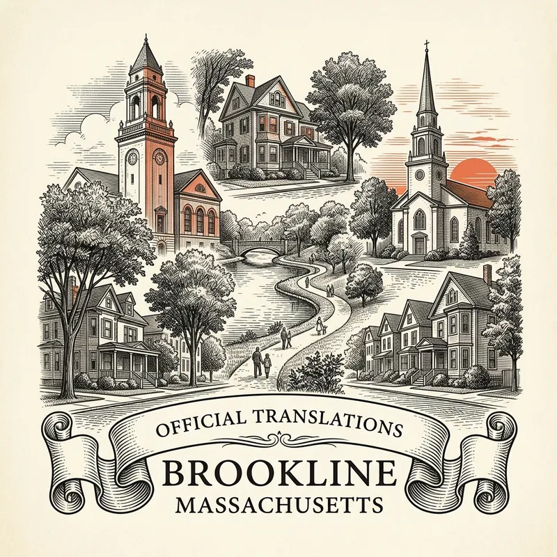 Engraved Brookline MA city illustration – Official Translations certified translation services from $29.95 per page