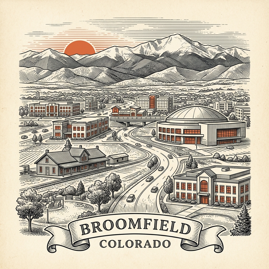 Engraved Broomfield CO city illustration – Official Translations certified translation services from $29.95 per page