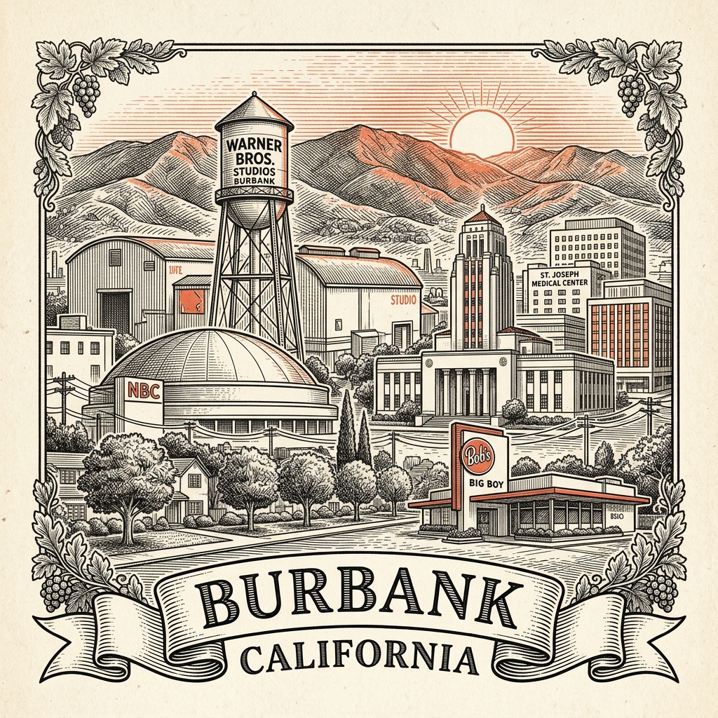 Engraved Burbank CA city illustration – Official Translations certified translation services from $29.95 per page