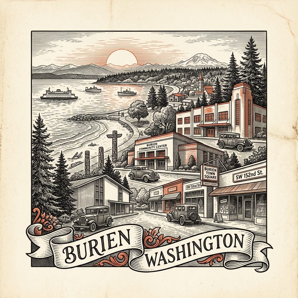 Engraved Burien WA city illustration – Official Translations certified translation services from $29.95 per page
