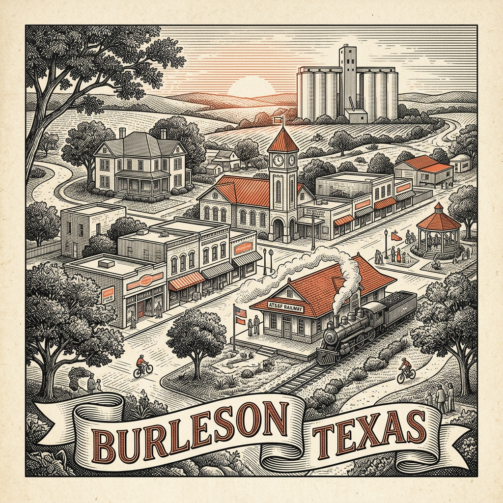 Engraved Burleson TX city illustration – Official Translations certified translation services from $29.95 per page