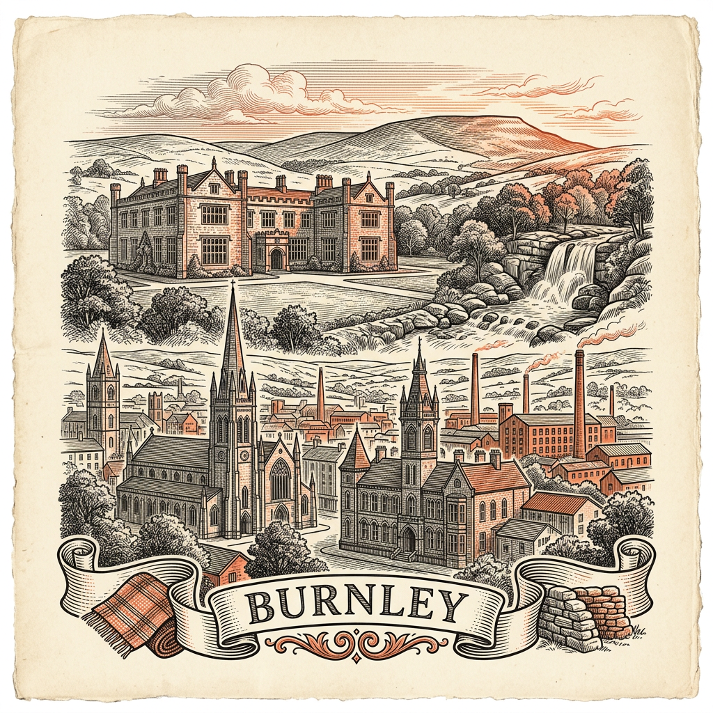 Engraved Burnley England city illustration – Burnley Town Hall, Turf Moor stadium, Singing Ringing Tree sculpture, Towneley Hall, Weavers' Triangle chimneys – Official Translations certified translation services from £29.95 per page