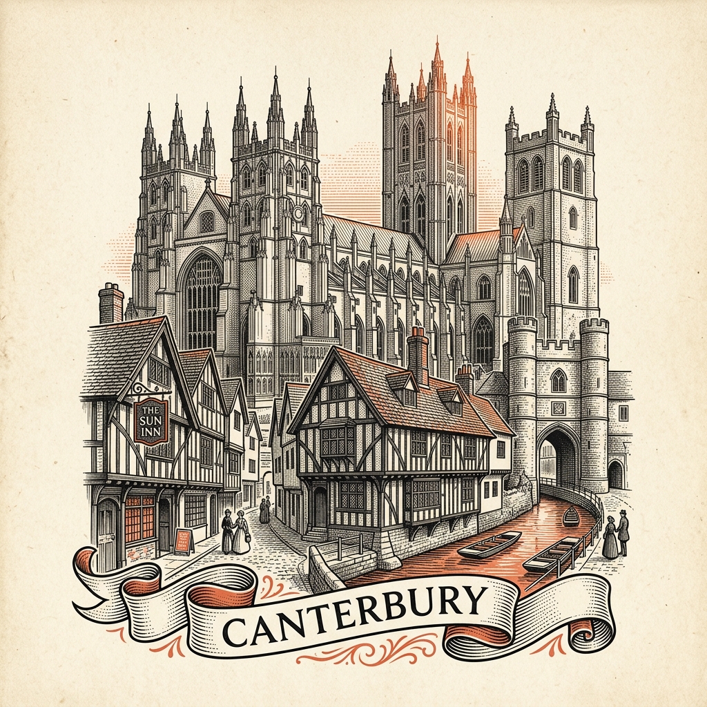 Engraved Canterbury England city illustration – Canterbury Cathedral Bell Harry Tower, Westgate Towers, St Augustine's Abbey ruins, Marlowe Theatre, Dane John Mound – Official Translations certified translation services from £29.95 per page