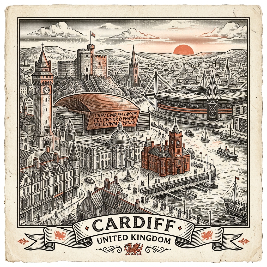 Engraved Cardiff Wales city illustration – Cardiff Castle clock tower, Principality Stadium arches, Wales Millennium Centre bronze dome, Senedd timber roof, Pierhead Building – Official Translations certified translation services from £29.95 per page