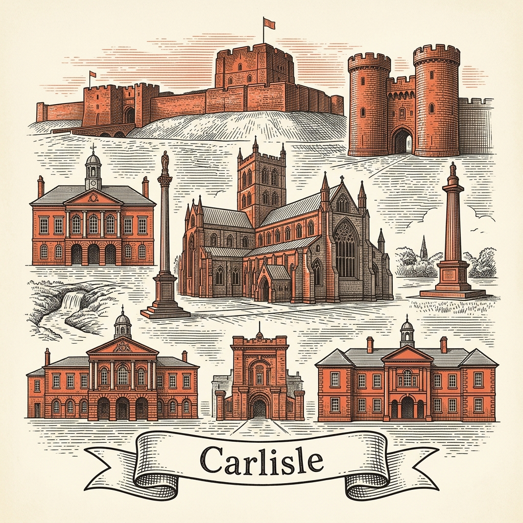 Engraved Carlisle England city illustration – Carlisle Cathedral, Carlisle Castle keep, Citadel towers, Tullie House Museum, Eden Bridge – Official Translations certified translation services from £29.95 per page