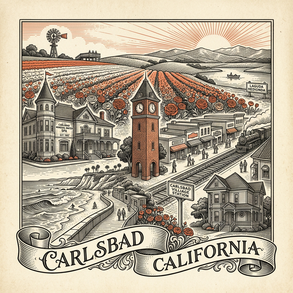 Engraved Carlsbad CA city illustration – Official Translations certified translation services from $29.95 per page
