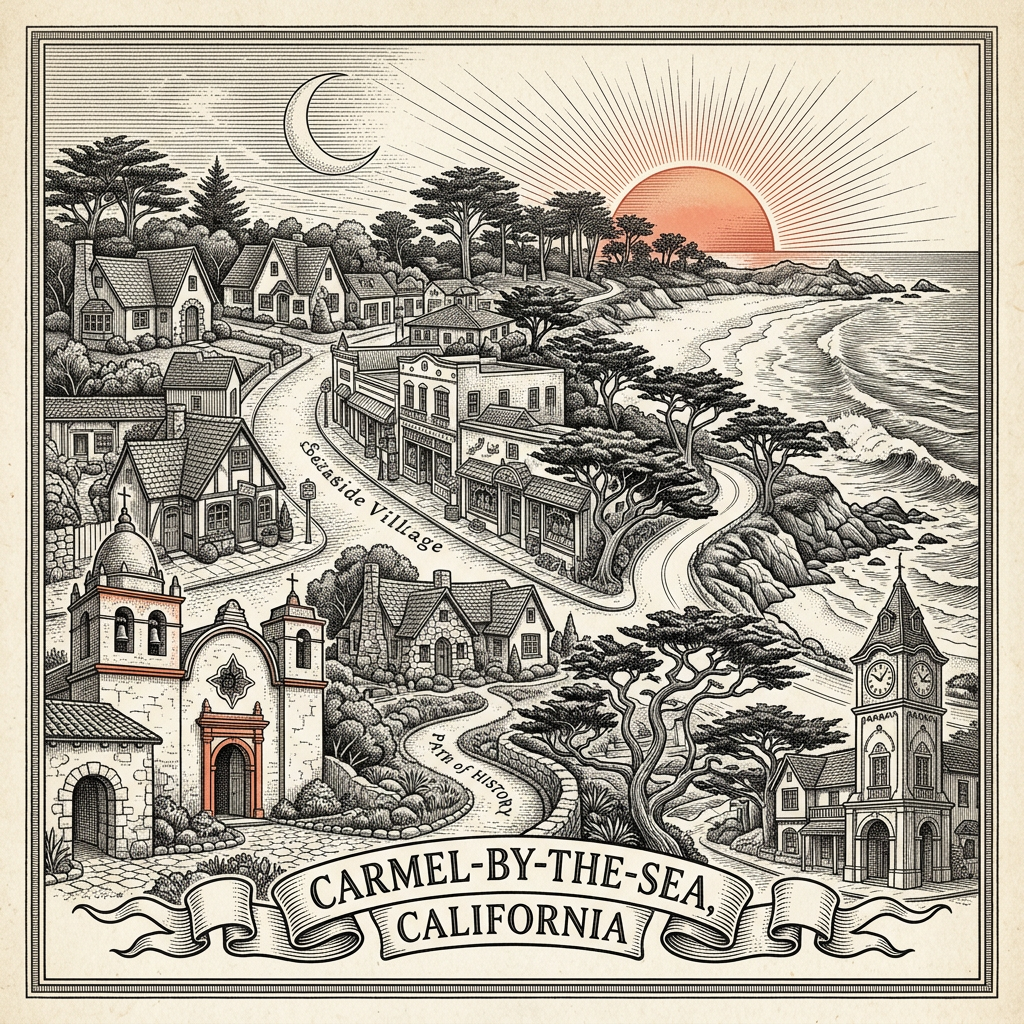 Engraved Carmel By The Sea CA city illustration – Official Translations certified translation services from $29.95 per page