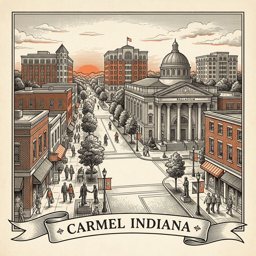 Engraved Carmel IN city illustration – Official Translations certified translation services from $29.95 per page
