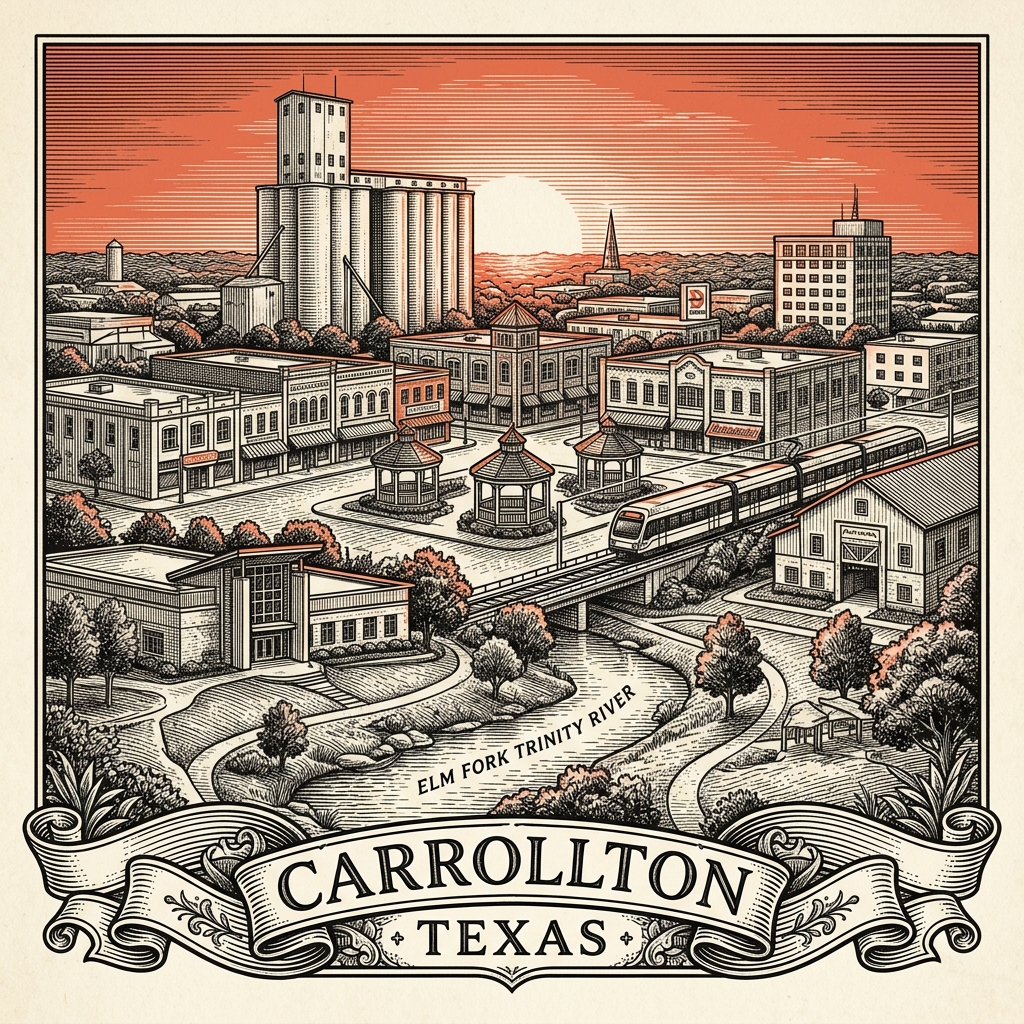 Engraved Carrollton TX city illustration – Official Translations certified translation services from $29.95 per page
