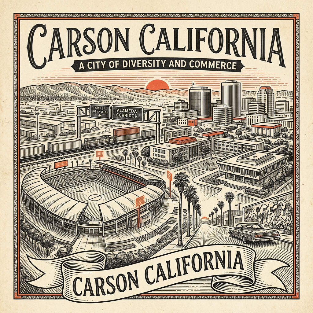 Engraved Carson CA city illustration – Official Translations certified translation services from $29.95 per page