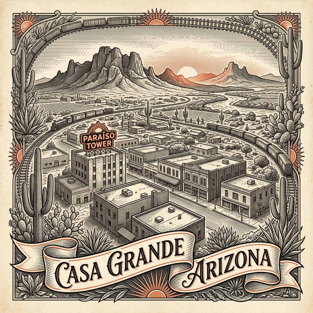 Engraved Casa Grande AZ city illustration – Official Translations certified translation services from $29.95 per page