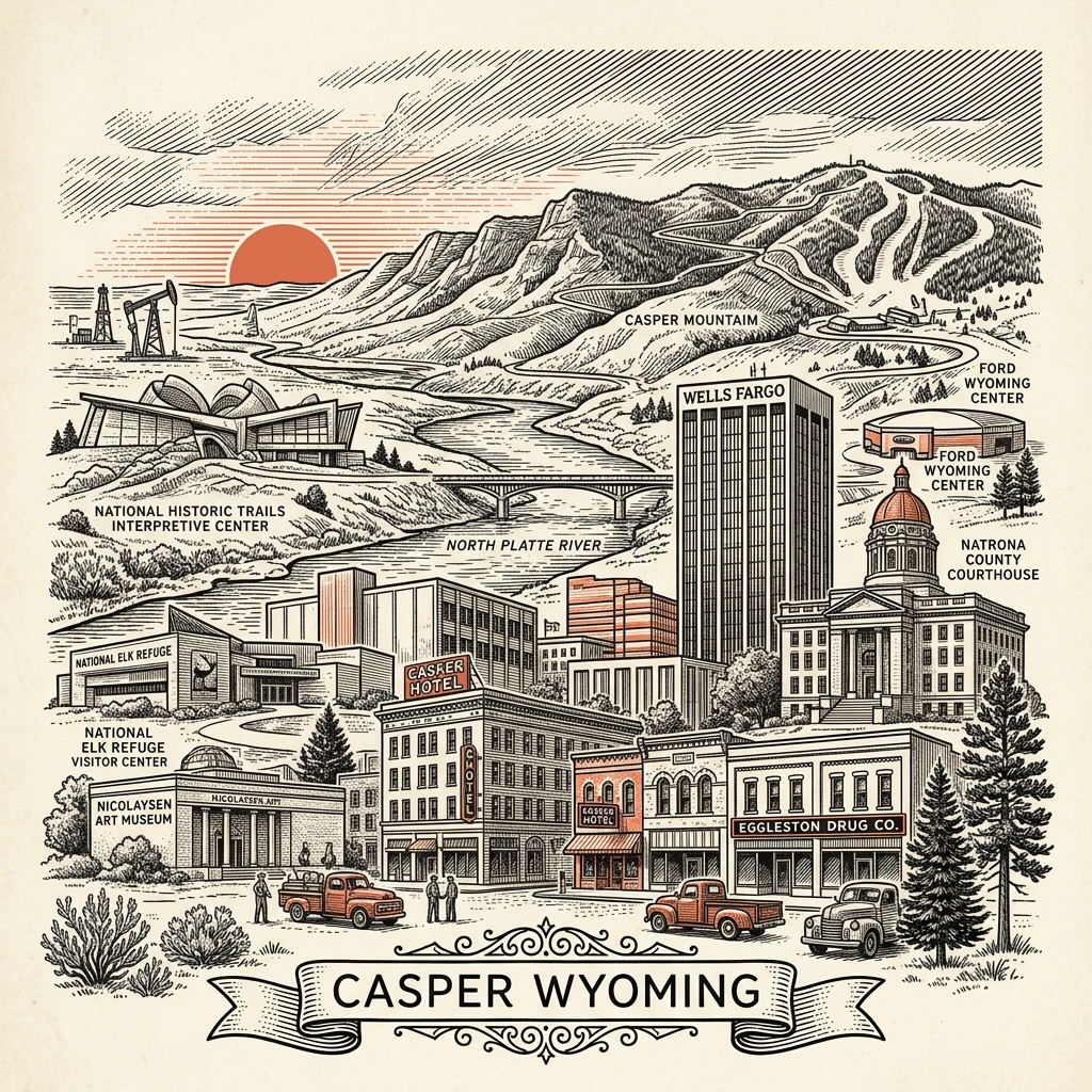 Engraved Casper WY city illustration – Official Translations certified translation services from $29.95 per page