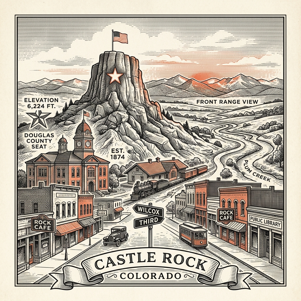 Engraved Castle Rock CO city illustration – Official Translations certified translation services from $29.95 per page