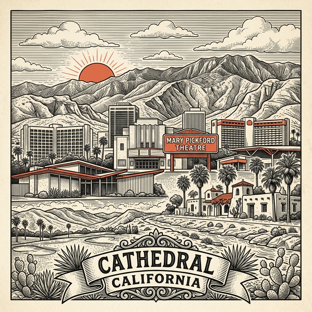 Engraved Cathedral City CA city illustration – Official Translations certified translation services from $29.95 per page
