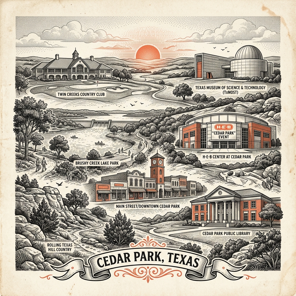 Engraved Cedar Park TX city illustration – Official Translations certified translation services from $29.95 per page