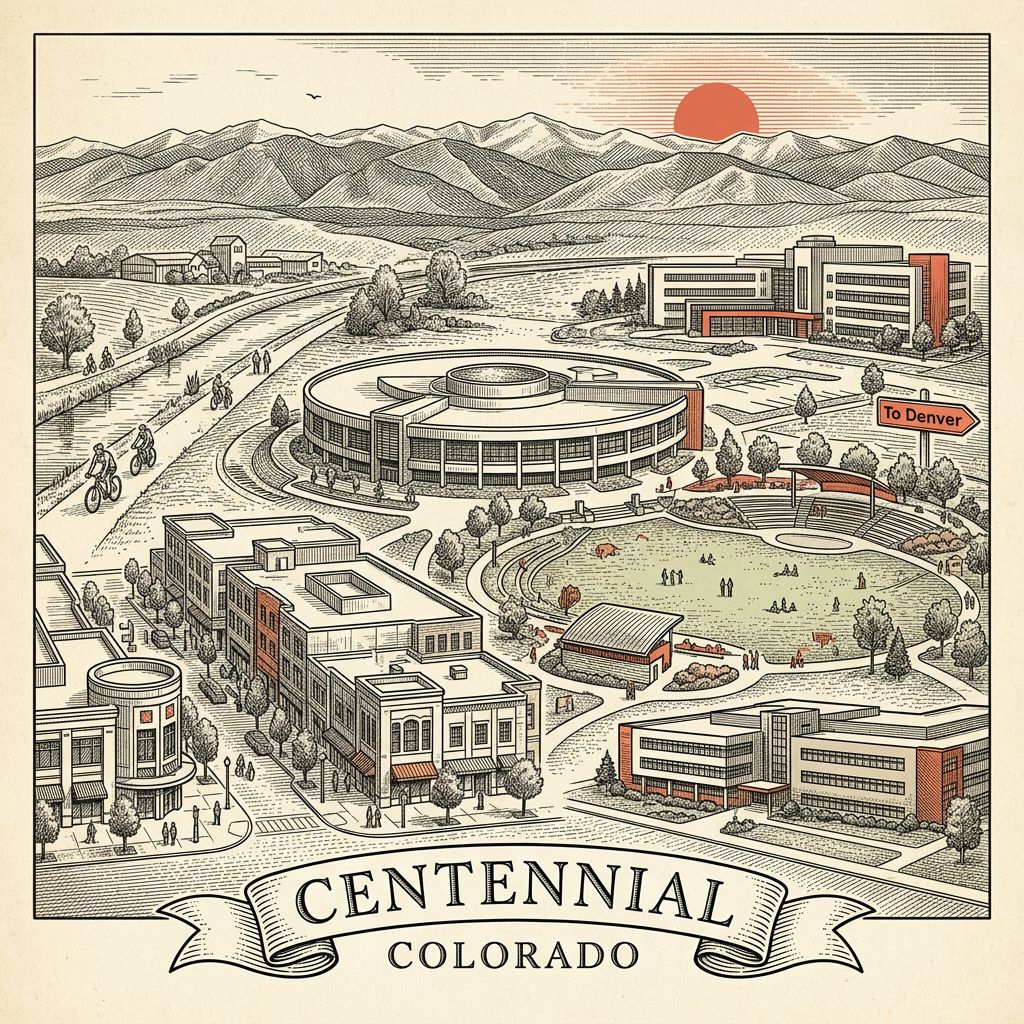Engraved Centennial CO city illustration – Official Translations certified translation services from $29.95 per page