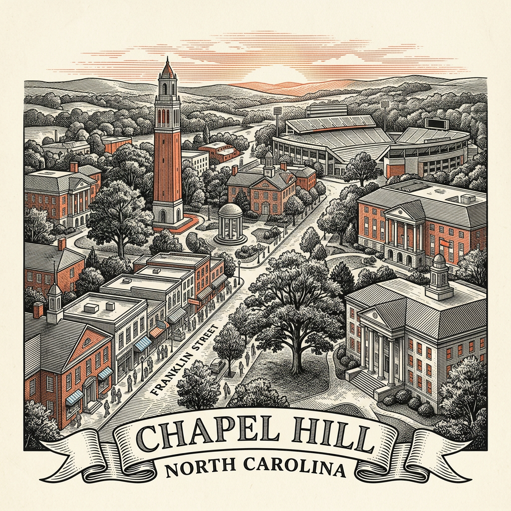 Engraved Chapel Hill NC city illustration – Official Translations certified translation services from $29.95 per page