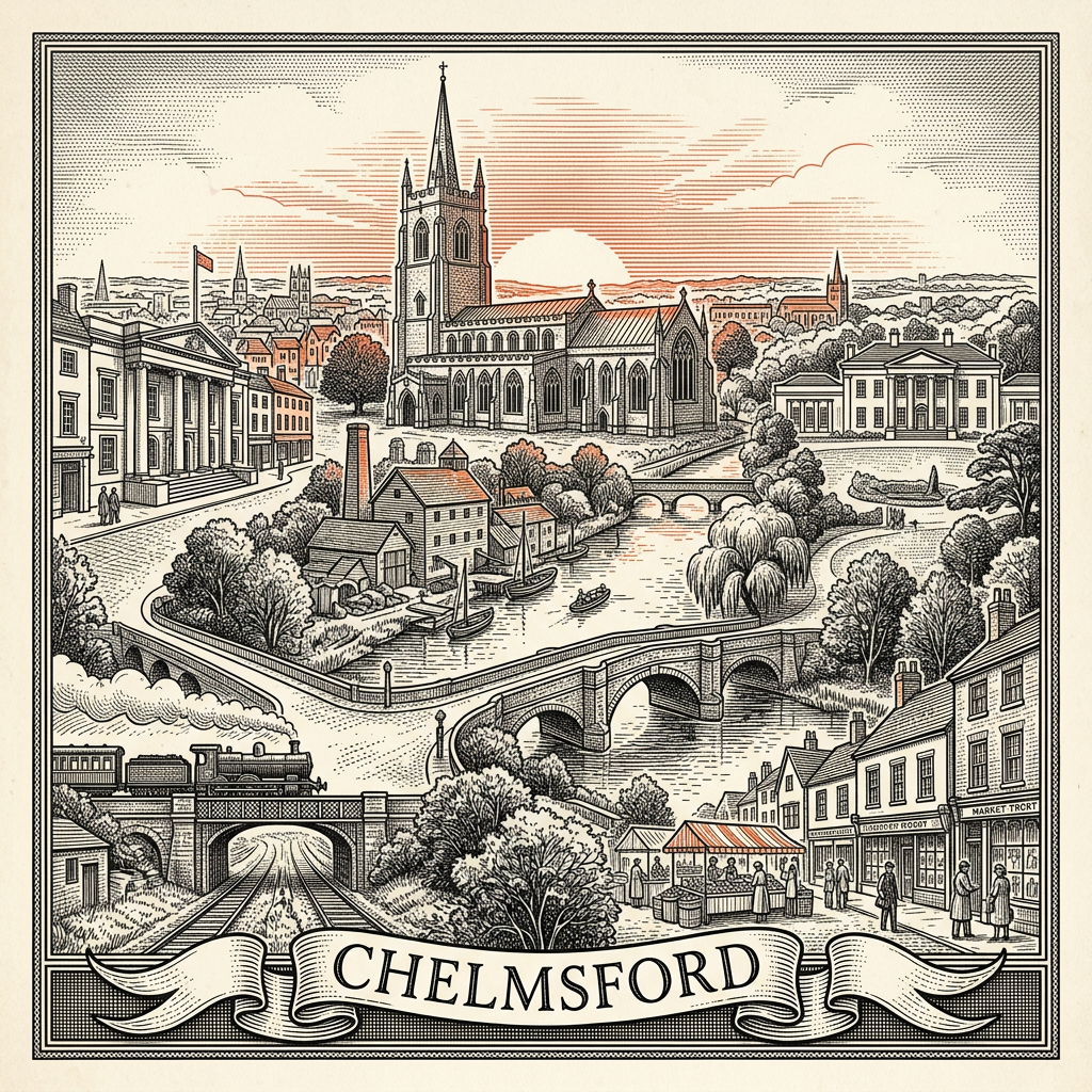 Engraved Chelmsford England city illustration – Chelmsford Cathedral, Hylands House, Shire Hall portico, Marconi factory chimney, Central Park bandstand – Official Translations certified translation services from £29.95 per page