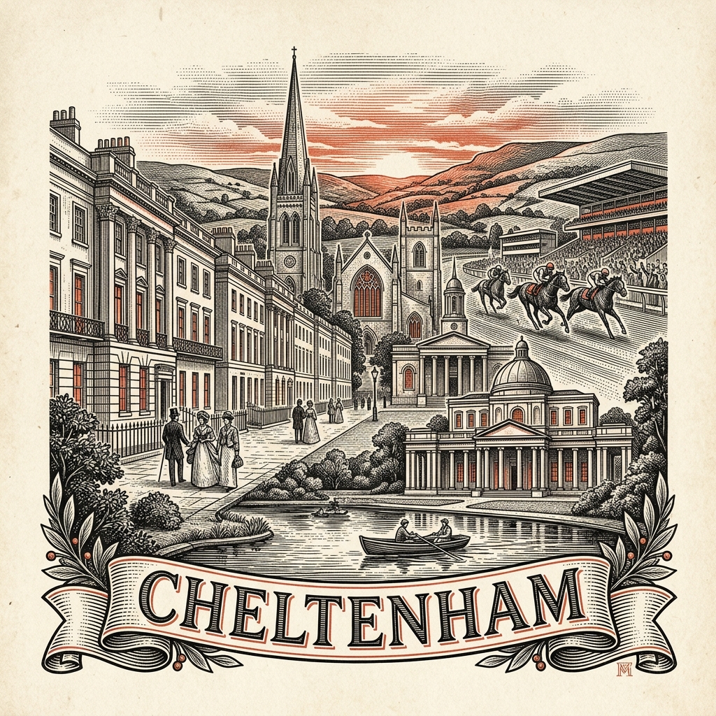 Engraved Cheltenham England city illustration – Pittville Pump Room, Cheltenham Minster, Montpellier Rotunda, Cheltenham Racecourse grandstand, Promenade with Neptune Fountain – Official Translations certified translation services from £29.95 per page