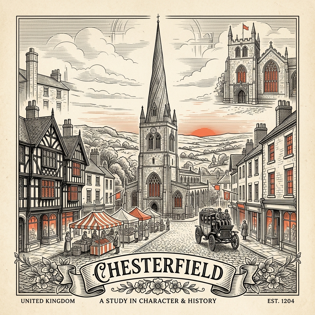 Engraved Chesterfield England city illustration – Crooked Spire (Church of St Mary and All Saints), Chesterfield Market Hall, Queen's Park, Chesterfield Canal, Revolution House – Official Translations certified translation services from £29.95 per page