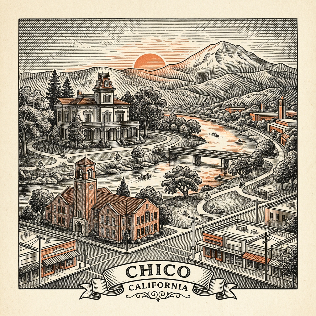 Engraved Chico CA city illustration – Official Translations certified translation services from $29.95 per page