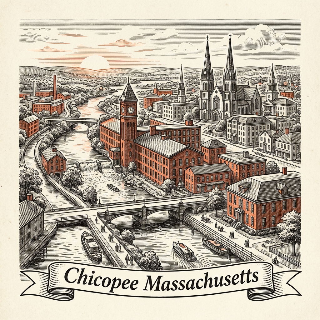 Engraved Chicopee MA city illustration – Official Translations certified translation services from $29.95 per page