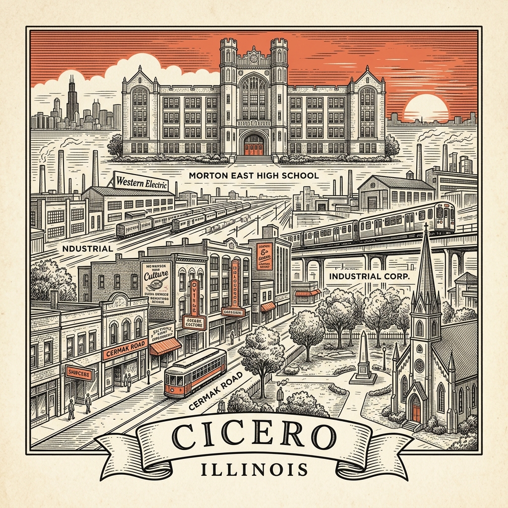 Engraved Cicero IL city illustration – Official Translations certified translation services from $29.95 per page