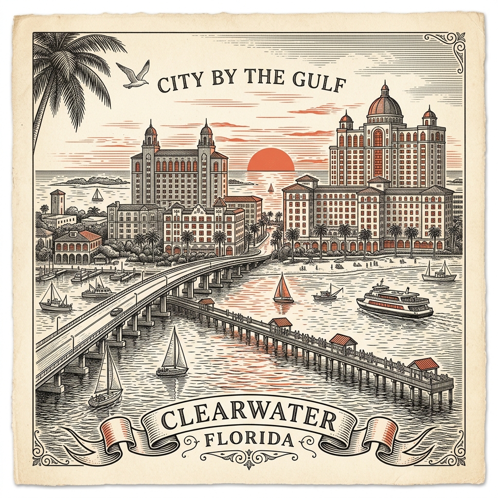Engraved Clearwater FL city illustration – Official Translations certified translation services from $29.95 per page