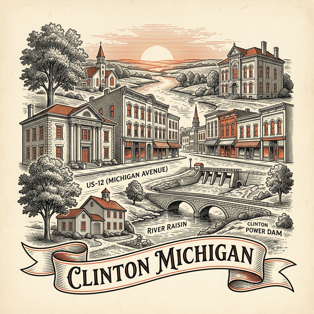 Engraved Clinton MI city illustration – Official Translations certified translation services from $29.95 per page