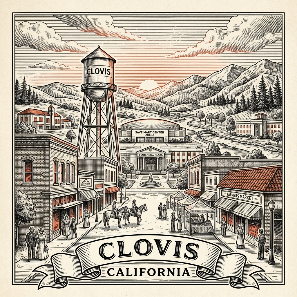 Engraved Clovis CA city illustration – Official Translations certified translation services from $29.95 per page