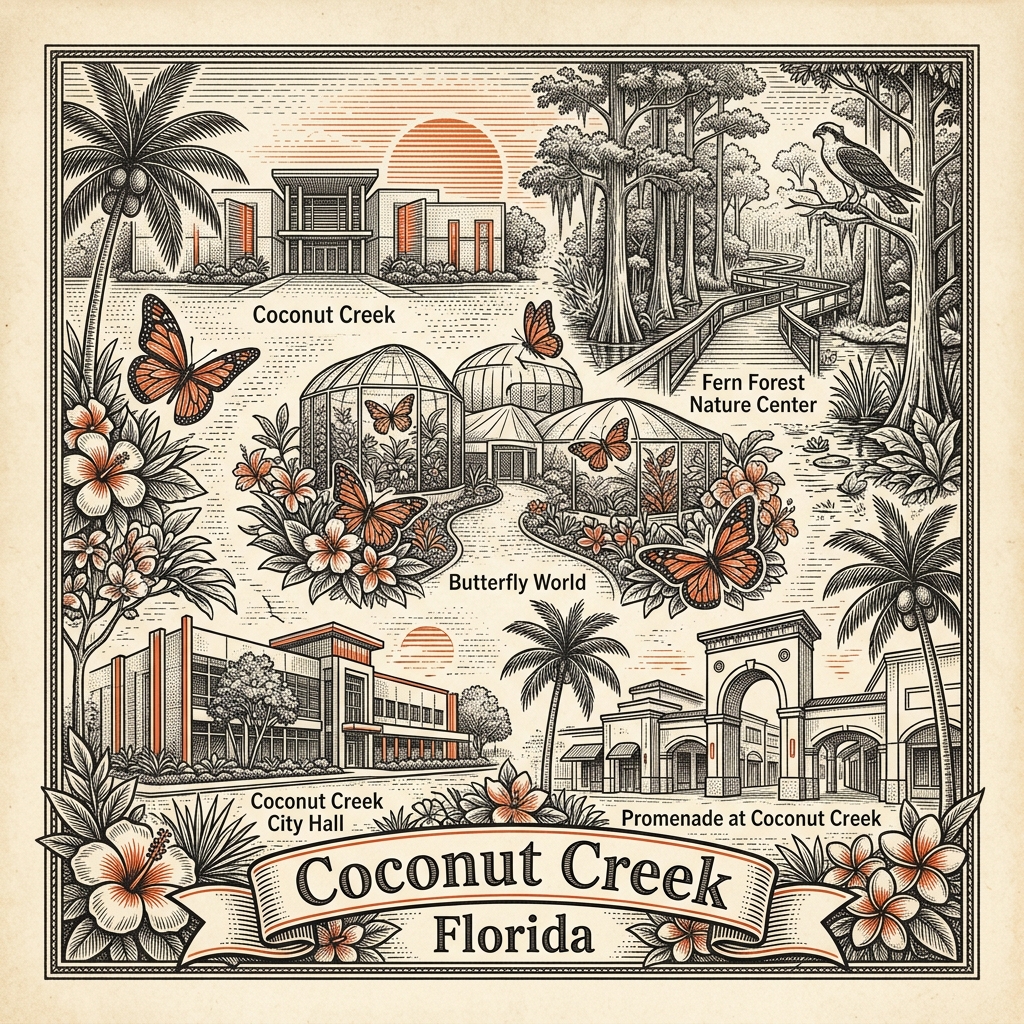 Engraved Coconut Creek FL city illustration – Official Translations certified translation services from $29.95 per page